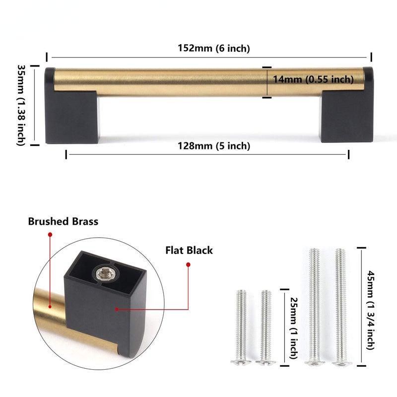 FULGENTE Golden Cabinet Pulls Brushed Brass Handles 5'' Stainless Steel Hardware for Kitchen Bathroom Wardrobe Bedroom Furniture Black Square Base and Rounded Gold Modern Style 5 inch (128mm) 10Pack - Image 3
